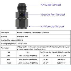 YSIL 8AN Male Flare to 8AN Female Swivel with 1/8 NPT Gauge Port Fuel Pressure Take off Hose Fitting Adapter Aluminum Black 2PCS
