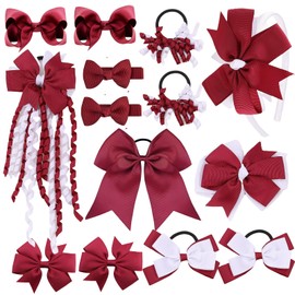 School Hair Accessories Set 14 Pcs Uniform Hair Bow Headband Clips Hair Ties Curly Korker Bows for Little Toddler School Girls (Burgundy&White)