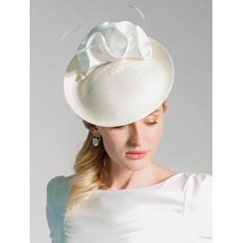 HIMESPORT Women's White Straw Derby Hat with Feather for Formal Cocktail & Tea Party - Elegant Luxury Fascinator Headpiece