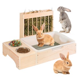 3 in 1 Extra Large Rabbit Hay Feeder with Litter Box, Wooden Bunny Toilet, for Large and Medium-Sized Dwarf Rabbit, Guinea Pig, Chinchillas, Hamster, Ferret, Other Animals