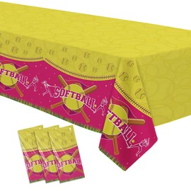 YJRJSC Softball Birthday Party Supplies Girl Tablecloth, Disposable Softball Party Decorations Tablecover, Sports Softball Party Supplies Table Cloth for Baby Shower, 3 Pcs, 54in x 108in
