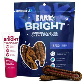Bark Bright Durable Dental Kit - Berry Mint Flavored - 15 Chew Sticks & Toothpaste - Medium Breeds