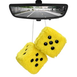 MUQIDA Fuzzy Plush Dice for Car Mirror, 3 Inch Pair of Retro Square Mirror Ornament Soft Dice with Dots, Vintage Couple Pendant Charms Vehicle Interior Hanging Decoration for Women (Yellow)