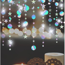 6 Pcs 4m Holographic Rainbow Hanging Paper Garland, Iridescent Circle Dot Star Streamer Garland Decoration, Glitter Circle Star Paper Decoration for Birthday Wedding Xmas Party Supplies(78 Ft/6 Pack)