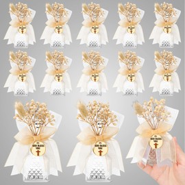 Reallnaive 12 Set Holy Clear Water Bottle with Fake Floral Acrylic Sheet and Bow 50ml Glass Water Bottle for Holy Communion Favor Empty Holy Container for Church Party Favors Gift
