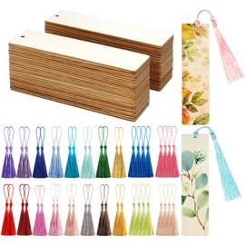 50 Pcs Wooden Bookmarks, Unfinished Wooden Bookmarks with 50 Pcs Tassels, DIY Blank Wood Bookmark for DIY Art Crafts, Birthday Gifts, Christmas Party Decoration (Rectangular Shape)