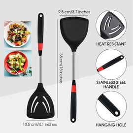 3 Pieces Silicone Stainless Steel Turner Spatula Set Includes Flexible Silicone Wok Spatula Slotted Spatula Skimmer Slotted Spoon for Nonstick Cookware Cooking Baking Supplies