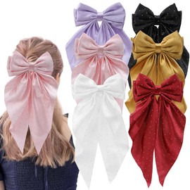 Large Hair Bows with Long Tail Bow Hair Clips with Rhinestone Handmade Ribbons Clips Bowknot Barrettes Fashion Hair Accessories for Women Girls with 6 PCS