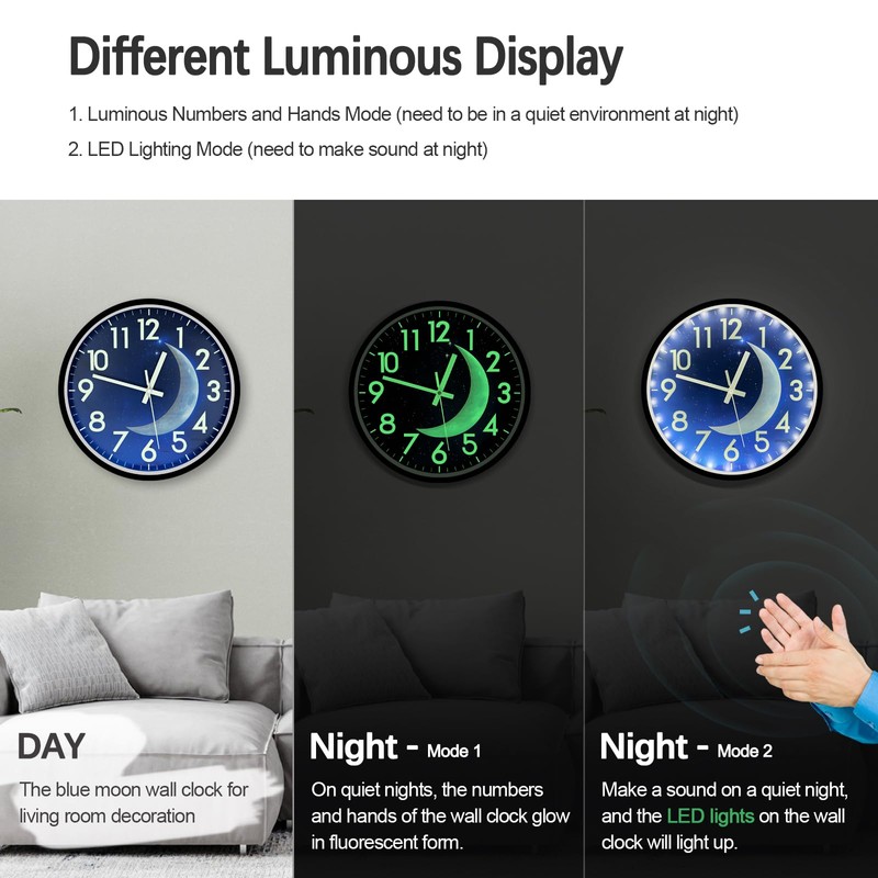 JoFomp LED Light Up Wall Clock Glow in Dark, 12