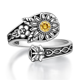 Hioed Spoon Rings for Women - Sterling Silver Sunflower Rings Vintage Antique Adjustable Boho Flower Thumb Ring (9# 10# 11#)