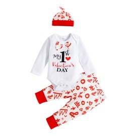 Infant Baby Boys Girls My 1st Valentine’s Day Outfit Newborn Heart Romper Bodysuit + Pants + Hat 3Pcs Clothes Set (1st Valentine’s Day-White, 0-3 Months)