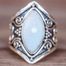 Vintage Silver Ring Natural Moonstone Women Jewelry Elegant Gemstone Wedding Ring (White, 8)
