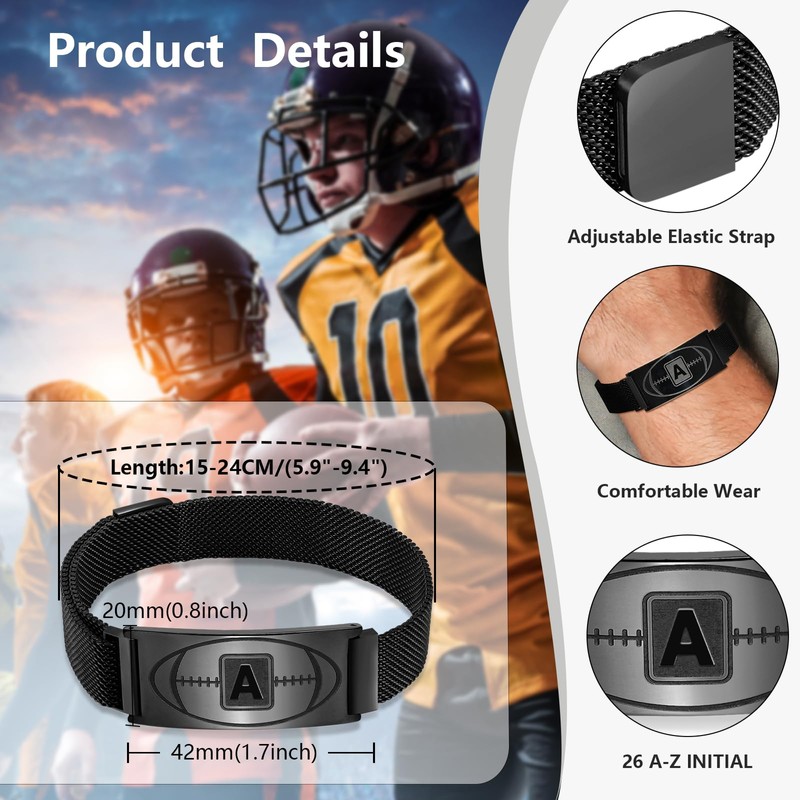 Fervia Football Initial Bracelet Sliver Stainless Steel A-Z Letter Charm