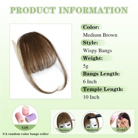 NAYOO 100% Human Hair Bangs Clip in Hair Extensions, Medium Brown Clip on Bangs Wispy Bangs Fringe with Temples Hairpieces for Women Curved Bangs for Daily Wear(Wispy Bangs,Medium Brown)