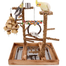 LIMIO Bird Playground, Natural Wood Bird Perch Stand, Bird Parrot Parakeet Toys, Bird Perches, Bird Platform, Bird Cage Accessories, with Removable Tray and 2 Stainless Steel Cups