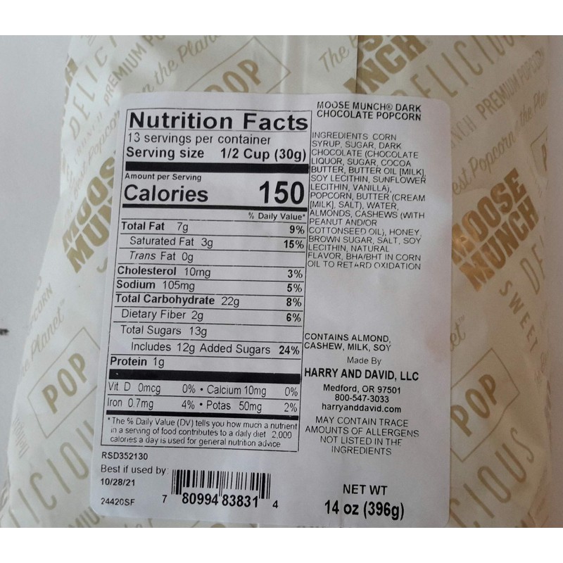 Harry & David, Moose Munch Gourmet Popcorn, Dark Chocolate, 14