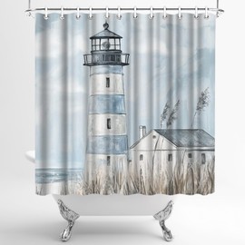 LeAquaNook Nautical Lighthouse Shower Curtain for Bathroom Blue Ocean Painting Coastal Beach Bath Curtains Set Fabric Decor Bathtub with Hooks 72X72IN