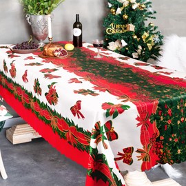 BETESSIN 150 x 180 cm Christmas Tablecloth Red / White Washable Polyester Tablecloth Reusable Party Tablecloth for Christmas, Birthday etc. (Thickness: 0.1 mm)