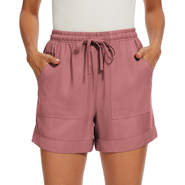 Smeng Women's Solid-Colour Drawstring Shorts with Pockets, Loose Casual Trousers,