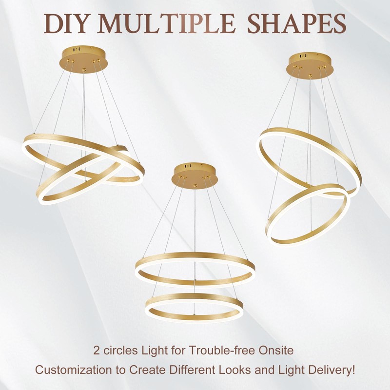 Sparklelf Modern LED Chandelier Gold 2-Rings Pendant Light Circular Flush