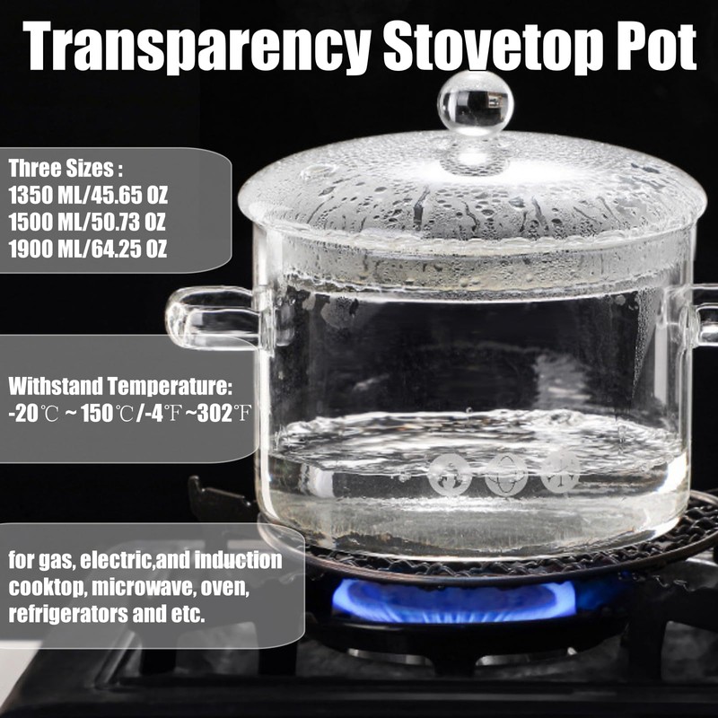 CAFEZAYO Glass Simmer Pot with Lid, Clear Glass Saucepan, 1.9L/64OZ,