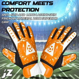 Jazzy Sports Youth Goalie Gloves with Double Wrist Protection, Non-Slip Latex Material, Adult Soccer Goalkeeper Gloves (Orange, Size 8 Suitable for Size M-L Adult)