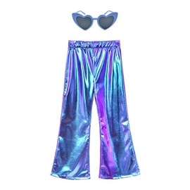 Blue Metallic Pants Girls Sparkly Party Shiny Rave Blue Bell Bottom Sparkly Size 12 13 & Heart Sunglasses