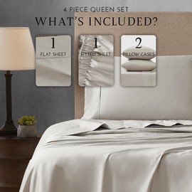 Linen Closet Luxury Cotton 400 Thread Count Cotton Sateen 4-Piece Sheet Set, Queen, Taupe