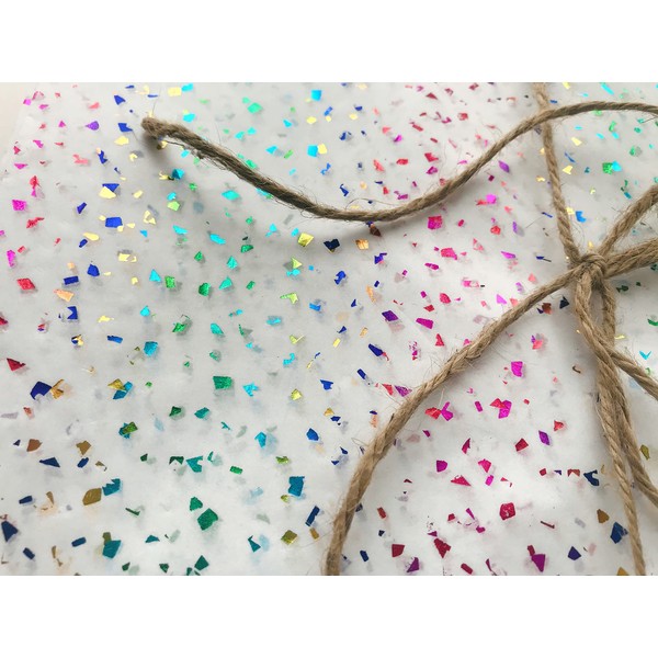 InsideMyNest Rainbow Metallic Foil Specks Glitter On White Tissue Paper Sheets 30x20 inches (50 Sheets)