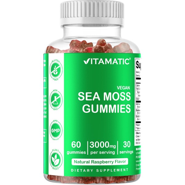 Vitamatic Irish Sea Moss Gummies - 3000 mg - 60 Vegan Gummies - Made with Bladderwrack & Burdock Root - Seamoss Supplement for Thyroid, Energy, Immune Support (60 Gummies (Pack of 1))