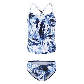 Zestonie Big Girls Two Piece Swimsuits Tankini Bathing Suit Hawaiian Swimwear for Kids Navy Tie Dye Size 14/12-14 Years
