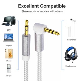 QIEIEI 3.5Mm Aux Cable 3.5Mm Aux Cord 90 Degree Right Angle Auxiliary Cable Easy Connection Quality Sound for Smartphones and Speaker, Length: 200cm, White