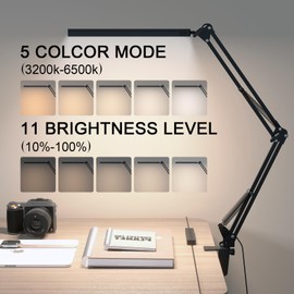 TROPICALTREE LED Desk Lamp for Home Office and Round Base, Clamp-On with 5 Light Modes & Auto Shut Off | 14W Adjustable Brightness 5000K Eye-Caring Lighting for Study/Bedroom/Computer Desk