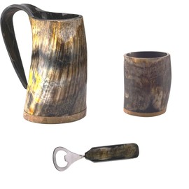 ARNCRAFT Viking Drinking Bear Mug 16oz With Glass and Opner - Viking Gifts for Men and Women Real Ox Horn Food Grade Medieval Hot and Cold Liquids Engraved Natural Shine Finish