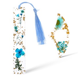 2Pcs Book Page Holder, Dried Flower Resin Thumb Book Page Holder and Bookmark with Tassel, Book Accessories for Reading Lovers, Gift for Bookworm, Readers, Literary, Students, Teachers (Lake Blue)