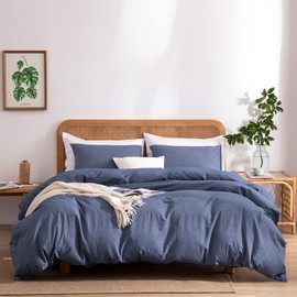 Blue Duvet Cover Queen, 100% Washed Cotton Linen Like Textured Solid Color Casual Modern Style Blue Bedding Set, with Zipper Closure, Luxury Soft Relaxed Feel Natural Wrinkled Comfy (3pcs, Queen)
