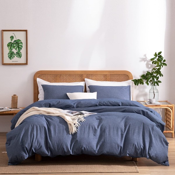 Blue Duvet Cover Queen, 100% Washed Cotton Linen Like Textured