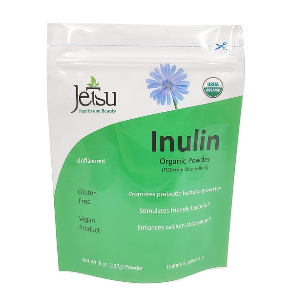 Inulin Powder Organic Chicory Root (FOS), Soluble Inulin Fiber prebiotic Intestinal Support, 8oz Pouch, Free Measuring Scoop. Dietary Fiber Promotes Digestive Health stimulating Healthy Bacteria.