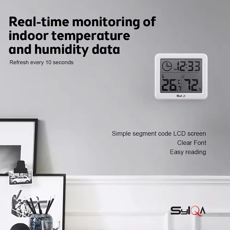 SYLQA Room Thermometer with Clock - Smart Mini Thermometer &