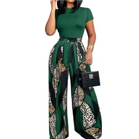 HBQ Women 2 Piece Outfits Short Sleeve Top and Flowy Flare Pants Lounge Sets Tracksuit-XXL-Green Print