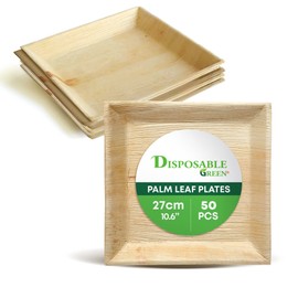 DISPOSABLE GREEN - Square Disposable Plates, Areca Leaf Serving Plates, Dinner Plates for Parties, Weddings, Catering, & More, Disposable Plates for Hot Food & Cold Food, 27L x 27W x 3D cm, 50-Pcs