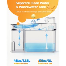 ODSD Cat Water Fountain, App Monitoring Wastewater Separation & No Filter Cotton, 5000mAh Battery & Plug-in Pet Water Fountain with 101oz/3L Automatic Water Dispenser for Cats Indoor, 2.4G Wi-Fi