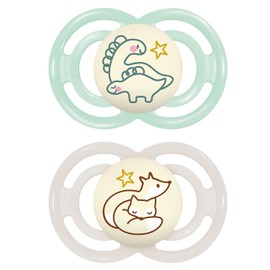 MAM Perfect Night Dummy Set of 2, Glow in the Dark, Tooth-Friendly Baby Dummy Made from Sustainable & Organic Renewable Materials, with Dummy Box, 16+ Months, Dino/Fox