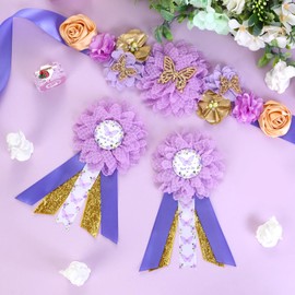 JOYMEMO Purple Butterfly Baby Shower Maternity Sash Kit - Purple Butterfly Baby Shower Belly Belt and Mom to Be & Dad to Be Corsage Pins, Pregnancy Sash New Parents Photo Props Party Supplies
