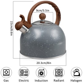 3 Liter Whistling Stainless Steel Tea Kettle with Wood Grain Anti Heat Handle, Cylindrical Wood Grain Stainless Steel Cover, (3.2 Quart, Beige)