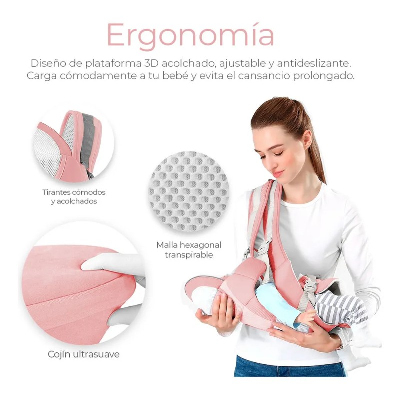 Cangurera Portabebé Raganet Mochila Multifuncional Con Asiento Bebé Color Rosa