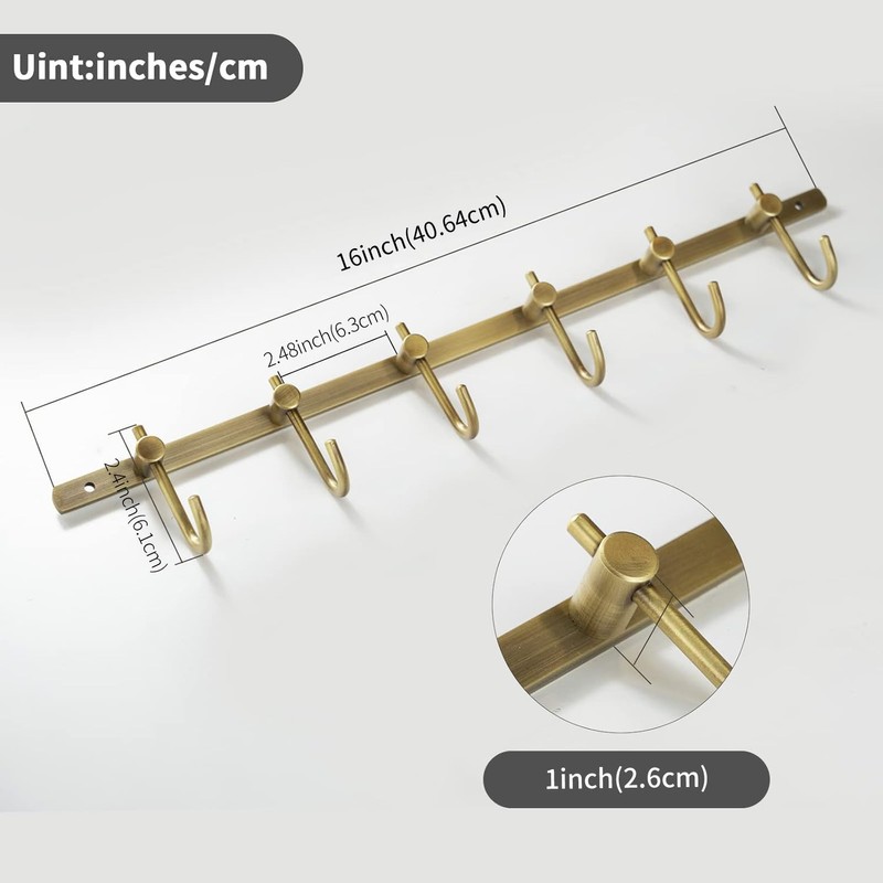 WINCASE Brass Hook Rack, Bathroom Towels Hooks Coat Rack, Antique