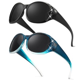 Myiaur Pack of 2 Polarised Sunglasses for Glasses Wearers Women UV Protection with Glittering Frame Cover Sunglasses for Driving, A01 (2 Pack) Black + Blue Gradient