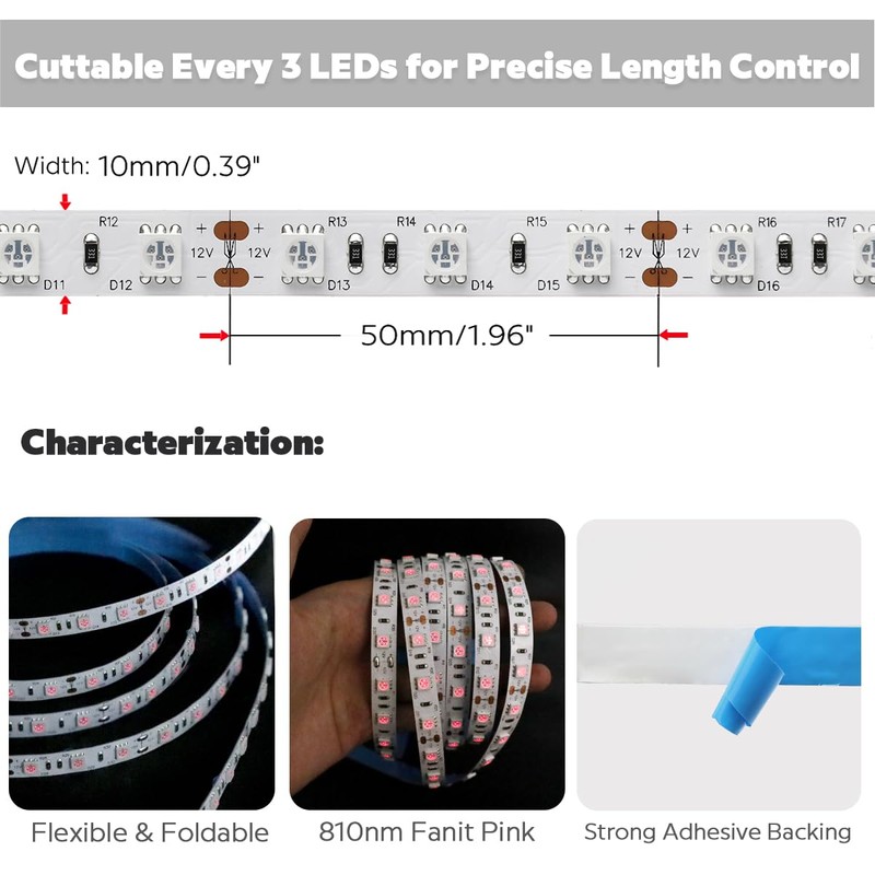 SLL HUT 12 Volt 810nm Infrared LED Strip Light, 5m/16.4ft