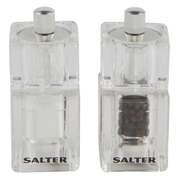 Salter 7605 CLXR Salt & Pepper Mini Grinder Set - Refillable Mills, For Travel, Camping, Caravans, Twist To Grind, 14 g Salt Crystals/7g Peppercorns, Square Design, Adjust Fine to Coarse, 9.7cm, Clear